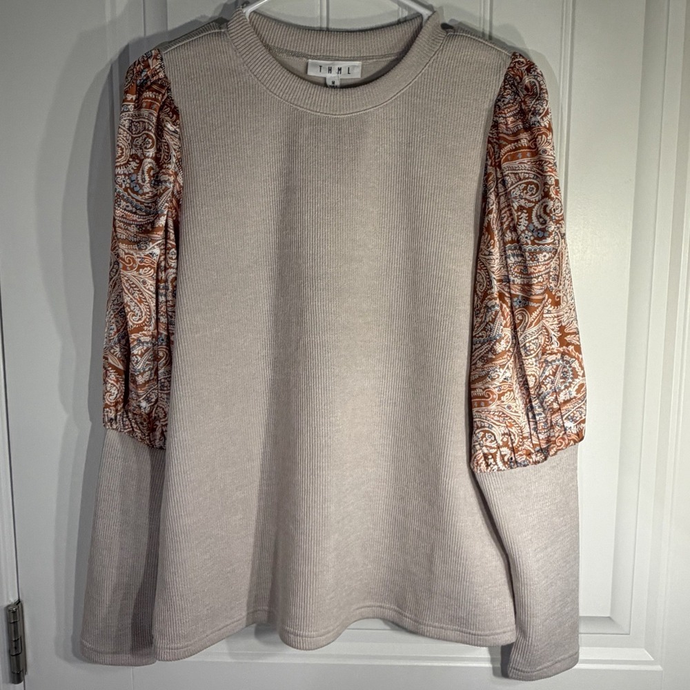 THML Paisley Sleeve Knit Sweater Women's M Boho Balloon Sleeve Top